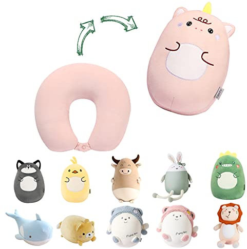 JOYRAVO Oreiller de Voyage 2-en-1 pour Enfants - Peluche Transformable en Oreiller de Cou en Forme de U pour Le Confort en Avion, en Train, en Bus - Licorne