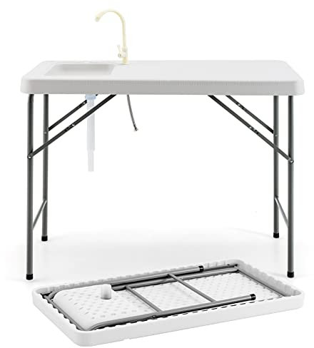GOPLUS Klappbarer Schnittfischtisch, Tragbarer Reinigungstisch mit Spüle, 360° drehbarem Wasserhahn, klappbarer Tisch für Grillen & Picknick (Schnittfischtisch)