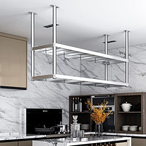 Deckenregal Hängend Küche Bar, Küchen-Hängeregal, 2 Ebenen, europäischer Deckenrahmen, Lagerregale, Mikrowelle, Töpfe und Pfannen, Utensilienhalter, Organisation, Wandregal für Restaurants schweberega