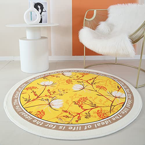 LONGSAO Klassischer Orientteppich rund Ornamente Muster Teppich Kurzflorteppich Outdoor Teppich Einfache gelbe und weiße Blumen, ø 190CM