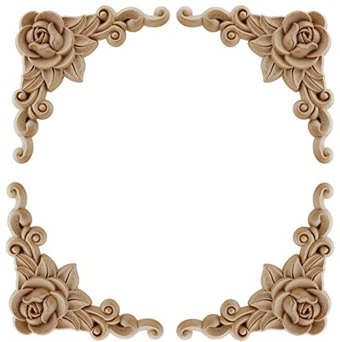 Oniissy Holz-geschnitzte Zierleisten, Aufkleber, Eck-Onlay-Applikation, 4 Stück, Rahmen, Möbel, Wand, unlackiert für Zuhause, Schranktür, Dekoration, Handwerk, 8 x 8 cm