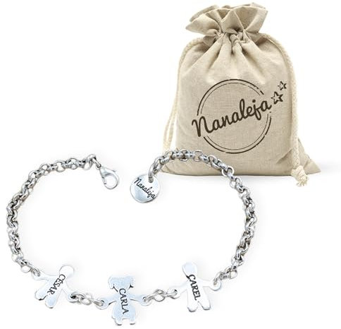 Pulsera con niños grabados - Nanaleja - Pulsera con nombres de niños grabados - Bañado todo en plata - Regalo para mamá - pulsera para las madres (Con 3 niños/as grabados)