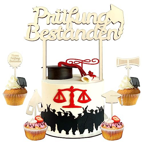 TOPJOWGA 2025 Prüfung Bestanden Tortentopper, 5 Stück ABI Tortendeko Gratulation Cake Topper Holz, Abschulss Kuchen Deko, Abschluss Tortenaufsatz, Abschlussstil Cupcake Toppers