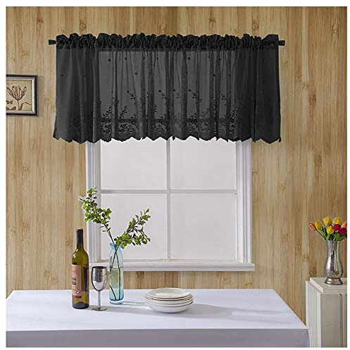 SHTGOI Kurze Vorhänge 130 x 41cm Vintage Kaffee Vorhang Spitze Stickerei Kurzgardine Halbtransparent Gardinen Voile Kurzstore Bistrogardine Scheibengardinen für Küchen Schlafzimmer Schwarz