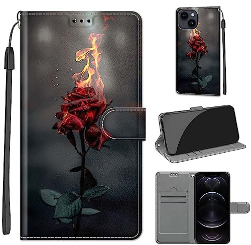 Tveinan Hülle für iPhone 13 / iPhone 14 Handyhülle, PU Leder Flip Case Klapphülle Klappbar Tasche Schutzhülle Stoßfest Cover mit Motiv Standfunktion für iPhone 13 / iPhone 14 Hülle - Feuerrose