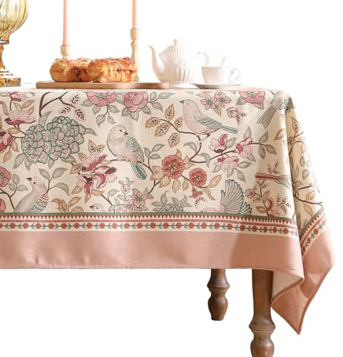 patdrea Designer-Tischdecke für rechteckige Tische, Vintage-Blumenmuster mit Vogelmuster, dekorative Tischdecke, französische Tischdecke für Küche, Esszimmer, Thanksgiving, Weihnachten, 140 x 200 cm