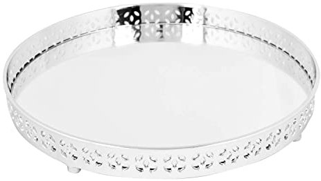 Silver- Round Acrylic Decorative Mirror Tray Jewelry Tray Luxury Serving Tray with Soft Grip Base Vanity Tray Cosmetics, Makeup Organizer for Home, Vanity, Bathroom and Bedroom