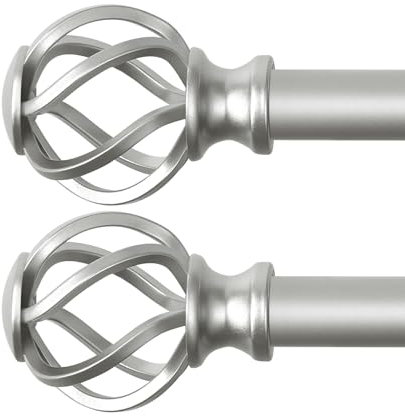 VOIIY Gardinenstangen für Fenster, 122 bis 213 cm, 1,9 cm Durchmesser, silberfarbene Gardinenstangen mit gedrehten Käfig-Endstücken, Größe: 91,4 - 224,4 cm, 2 Stück