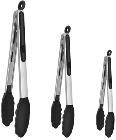 SSRDFU 3 Pcs Pinzas de Cocina, Pinzas para Asar, Pinzas para cocinar Resistentes al Calor, Pinzas de Silicona para ensaladas, cocinar, Asar, Puntas de Acero Inoxidable y Silicona sin BPA (3 tamaños)