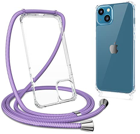 ZTOFERA Crossbody Lanyard Case for iPhone 15, Ultra Clear Hard Back with Soft Bumper Protective Phone Case with Strap Adjustable Neck Cord Necklace Shockproof Cover for iPhone 15, Purple