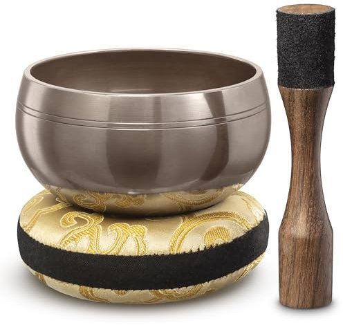 Conjunto de Cuenco Tibetano: Fácil de Tocar - Crea un Hermoso Sonido para la Sanación Holística, Alivio del Estrés, Meditación y Relajación - Cuenco de Color Marrón Brillante Pulido con Almohada Crema