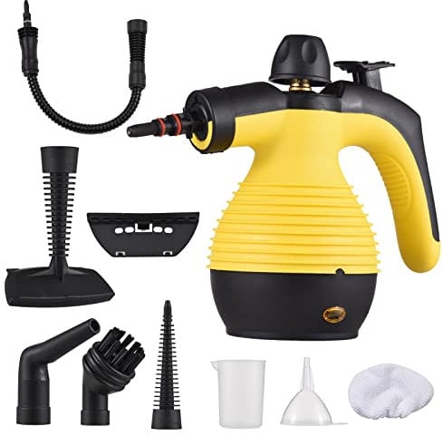 Pulitore a Vapore Portatile, Aoresac 350ML Vaporizzatore Portatile con 9 Accessori per Rimuovere le Macchi da Pavimena, Moquette, Tende, Seggiolini Auto, Bagno (Giallo)