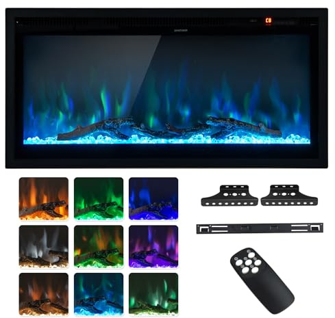 RELAX4LIFE 36 Elektrokamin mit heizung, 750W/1500W, schwebender Kamin mit 9-farbig 3D-Flammeneffekt & 5 Helligkeitsstufen, Deko Wandkamin mit Fernbedienung & Touchscreen & 8H Timer, 18℃-28℃, Schwarz