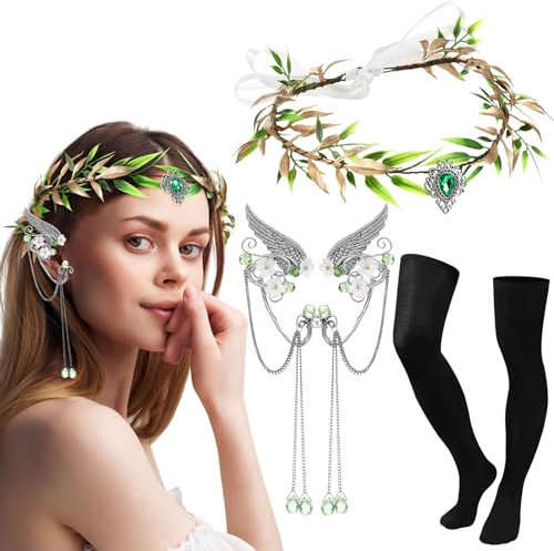 Hestya 3 Stück Mardi Gras Elfen Feen Cosplay Set inklusive Tropfen Strass Kopfschmuck Elfen Ohr Manschetten Überknee Socken für Kostüm Cosplay