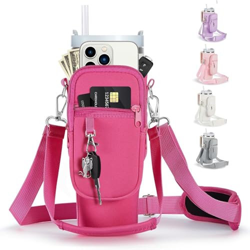 Water Bottle Carrier Bag with Phone Pocket Compatible with Stanley 30 40oz Tumbler with Handle, Water Bottle Holder with Adjustable Shoulder and Handle Strap for Stanley Cup Accessories (hot pink)