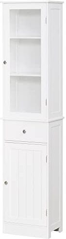 kleankin Mobile Colonna Bagno, Mobiletto Bagno Salvaspazio con Ante Trasparente, Armadietto, Cassetto e Ripiani Regolabili in MDF, 40x27x171.5 cm, Bianco