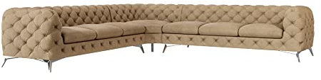 S-Style Möbel Maria Chesterfield Ecksofa Sofa L-Form Couch Eckcouch Wohnzimmer Möbel Wohnlandschaft Polstersofa mit Verchromten Füßen 7-Sitzer 323x323x75 cm Beige