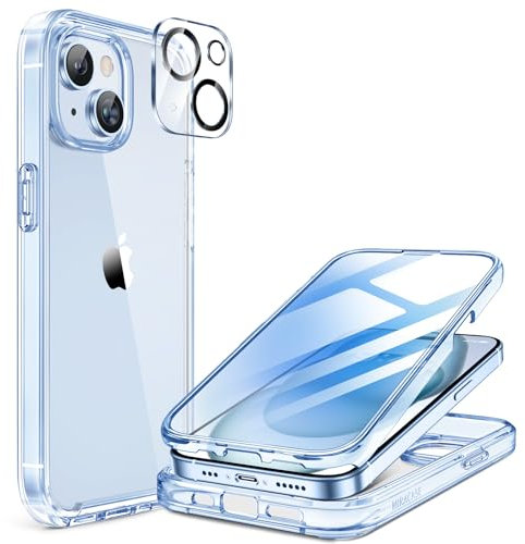 Miracase 360 Grad für iPhone 15 Hülle mit Eingebaut Glas Schutzfolie und Kameraschutz, Stoßfest Komplettschutz Handyhülle für iPhone 15 Zubehör Schutzhüllen, Klar Blau