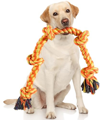 Aitmexcn Rope Toys for Large Medium Dogs, Indestructible Chew Toy, 37 Inch 5 Knots Tough Tug Toy for Teeth Cleaning, Tug of War - Orange