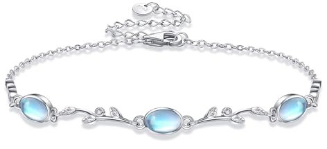 DAYLINLOVE Bracciale con pietra di luna, in argento Sterling 925, con foglie, albero della vita, ovale, con pietra di luna, idea regalo per donne, fidanzate, mamme, Argento sterling, Senza Gemstone