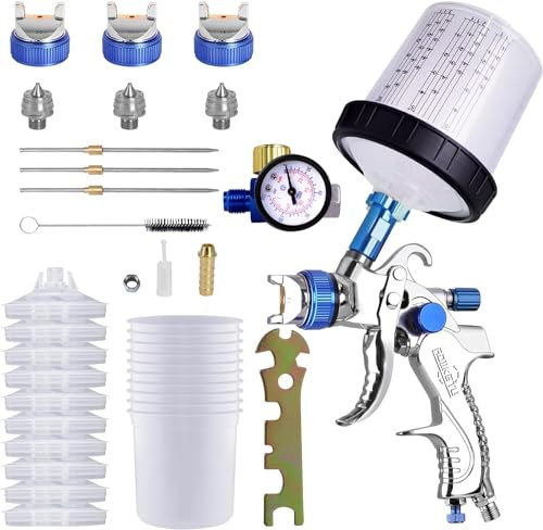 HVLP-Spritzpistole, Farbspritzgerät mit 10 Stück 600ML Einwegbechern&Druckmesser, Auto-Spritzpistolen-Kit mit 3 Düsen 1.4/1.7/2mm&Farbmischbecher (Blu)