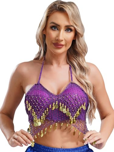 inlzdz Top Corto da Donna Glitterato con Strass Canotta con Spalline Sottili Paillettes Reggiseno con Frange Top da Jazz Samba Rumba Costume Danza del Ventre Viola Taglia Unica