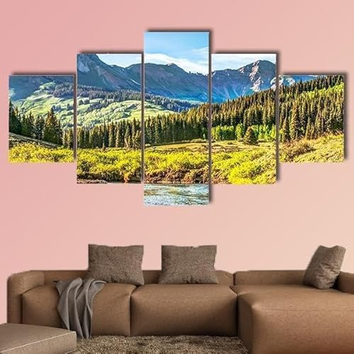 QYYAMDEQ Leinwand Bilder Wandbilder Mit Rahmen 5 Teiliges Schiefer Fluss im Vordergrund Moderne Bilder Wohnzimmer 5 Teilig Leinwandbilder Wanddeko Wohnkultur Kreatives Geschenk