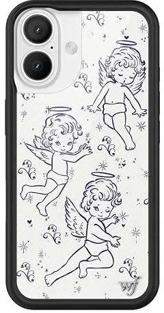 Wildflower Cherubs, kompatibel mit Apple iPhone 16, Baby Angel Blue White Coquette Y2K, beliebt, ästhetisch, niedlich, trendig, schützender schwarzer Stoßfänger, 1,2 m Fallzertifiziert, kleines
