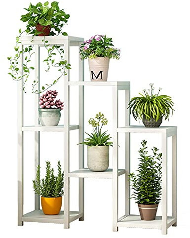 ACRaBoss Mehrstufiger Eisenpflanzenständer, 5-Stufiger Blumentopfständer Aus Schmiedeeisen Für Drinnen, Blumenpräsentationsständer Leiterregal Für Garten Terrasse Balkon Drinnen Und Draußen/White Flow