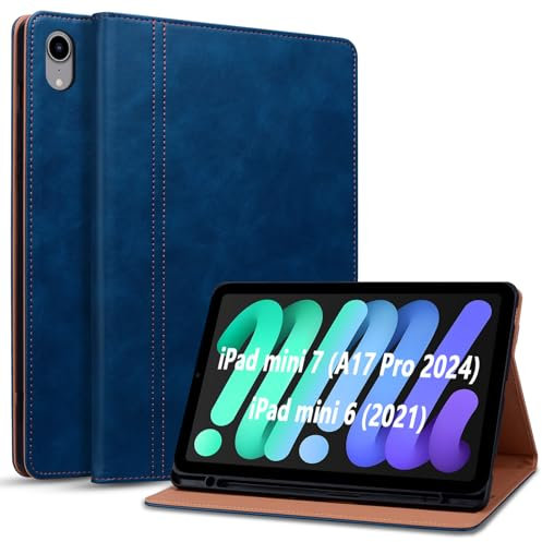 ONETHEFUL Funda para iPad Mini 7 (A17 Pro 2024)/iPad Mini 6 (2021) con Pencil Soporte Tarjetas, Compatible Tableta iPad Mini 7ª/6ª Generación 8.3 Pulgadas Auto-Sueño/Estela Azul