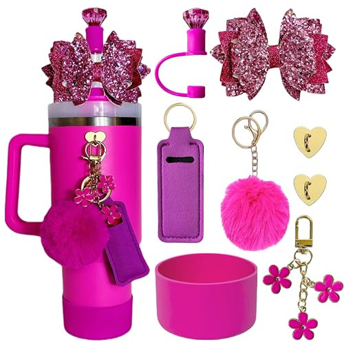 Accessories for Stanley Cup 40oz,1 Bow Topper for Stanley Tumbler Straw,1 Siliocne Boot for Stanley,1 Straw Cover Cap for Stanley,2 Charms&Pompom Ball,1 Lipstick Holder Bag,2 Charms Hooks (Plum)
