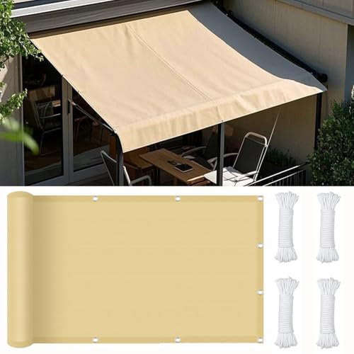 DGSFES Sonnensegel Wasserdicht Rechteckig 1mx1m, UV-Schutz 95% mit Ösen und Befestigungsseilen - PES Sonnenschutz für Balkon, Terrasse, Garten -Beige