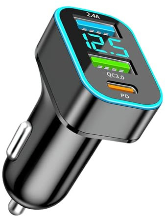 Caricabatteria Auto USB C, 66W Accendisigari Adattatore QC3.0+PD +2.4A USB, con Voltmetro LED, Compatibile con Phone Plus Pro Max, Galaxy S24/23, Xiaomi, Tablet