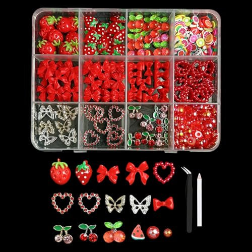 Cute 3D Nail Charm Set Strawberry Heart Cherry Nail Charms Polymer Clay Fruit Slices Mini Metal Butterfly Charms Bow Fingernail Charm Manicure Jewels with Tweezer Pick Up Pen