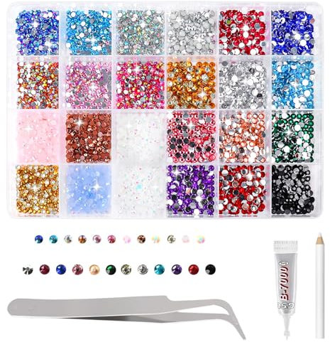 Resin Rhinestones Kits, 24 Colours 3mm and 4mm Flatback Round Jelly Rhinestones with 1 Tweezers Glue Pen, Bedazzling Non Hotfix Crystal Gems for Craft Nail Art Face Makeup Tumblers Mugs Clothing