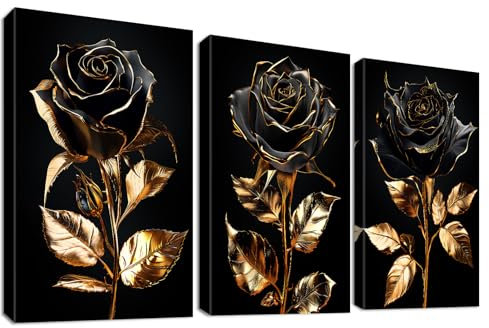 3Pcs Cadre en Bois Impression sur Toile Rose Noire Dorée Tableau Image sur Toile Affiche Roses Noires Feuilles D'or Tableau Decoration Murale Salon Chambre Salle de Bain 30x40cmx3pcs