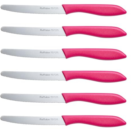 Ruffulon Pink Tomato Knives Set, 6 Pieces, Kitchen Knives Made of Stainless Steel, Sharp Utility Knife, Tomato Knife &Table Knife, Serrated Blade, Rosy Plastic Handle Dinner Knifes,Dishwasher Safe