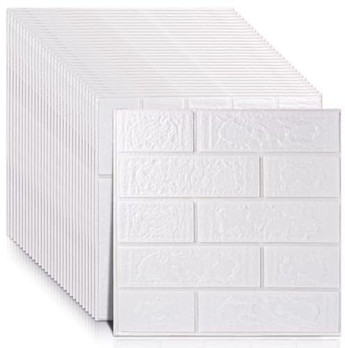 ZOFUN 30 Pcs 3D Brick Effect Wall Panels 35 x 38.5 cm | 3D Wallpaper Self Adhesive 5mm Thick White Wall Panels Easy Peel and Stick for Home Wall DIY