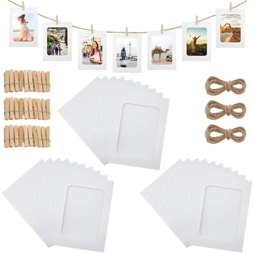 30 Stücke Kraftpapier-Bilderrahmen, 11 X 15cm Fotorahmen aus Pappe, Fotogirlande mit 30 Kleine Holzklammern und 3 Rollen Fotoseil, Foto Girlande Aufhängen für Geburtstag/Hochzeit/Jubiläum DIY(Weiß)