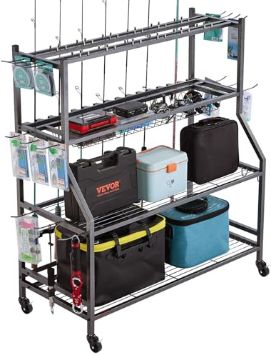 VEVOR Fishing Rod Holder for 15-Rods, Mobile Fishing Pole Rack Cart with Wheels, Fish Gear Equipment Organizer for Garage Home Indoor Use, for Tackle Box Reel Accessories Storage, Gifts for Men