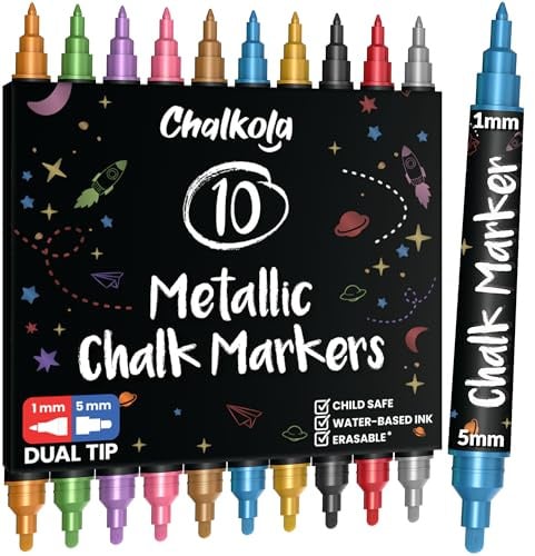 Chalkola Metallic Kreidestifte für Tafel Abwaschbar mit Doppelspitze | Kreidemarker - 1mm + 5mm Fein & Breit, Kreidestift für fenster, Auto, Glas, Spiegel, Bistro - Tafelstifte Abwaschbar