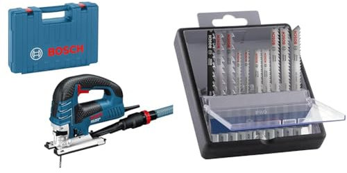 Bosch Professional Stichsäge GST 150 BCE (inkl. Saugdüse, 1x Sägeblatt) + 10x PRO Hardwood and Laminate Stichsägeblatt-Set (für Hartholz, Parkett, Länge 83 mm, Zubehör)