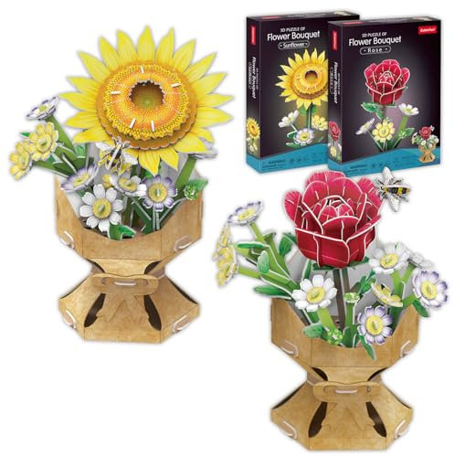 Puzzle 3D Fleur DIY Rose + Tournesol | Pack de 2 Puzzle 3D Adultes et Enfants | Maquettes à Assembler de Fleurs artificielles | 120 pièces | Puzzles 3D | Cadeaux Saint Valentin ou Noël