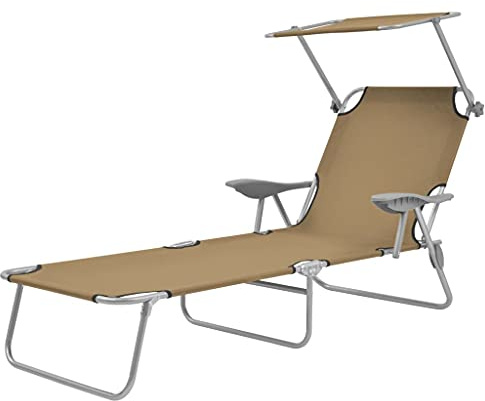 WHOPBXGAD Sonnenliege Klappbar mit Sonnenschutz Stahl Taupe - Verstellbare Liege mit UV-Schutz für Garten Strand Wetterfeste Klappliege mit Pulverbeschichtung Armlehnen - Tragkraft 120 kg