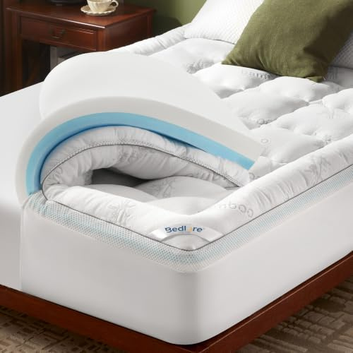 BEDLORE Double Mattress Topper, 2-in-1 Dual Layer Design Memory Foam Pad | Breathable, Deep Pocket, Bamboo Fabric, OEKO-TEX, Pressure Relief, Machine Washable