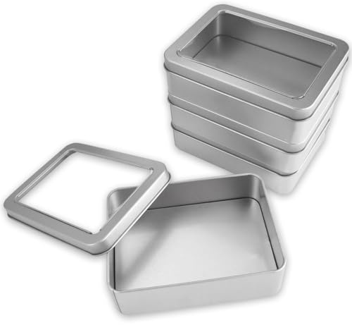 Rairsky 4 stycken 12,5 × 9 × 3,5 cm små metallburkar med lock | Transparent lock plåtburk liten, utan gångjärn metallburk, rostfri metallburkar för mynt, godis, nycklar