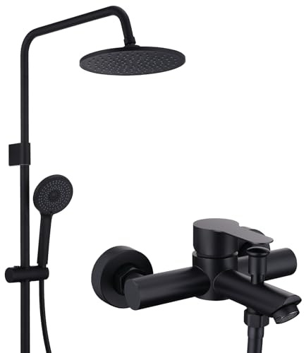 HOMELODY Badewannenarmatur mit Duschsystem, Schwarz Handbrause mit 4 Funktionen, 360° drehbarer Auslauf, Badewannenarmaturen mit Duschbrause, Mischbatterie zur Wandmontage