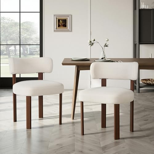 COLAMY Mid-Century Modern Design Sherpa Esszimmerstühle 2er Set, Vintage Landhaus-Stil Bouclé Küchenstühle mit offener geschwungener Rückenlehne für Esszimmer, Restaurant, Beige