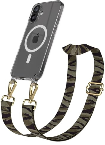 EAZY CASE Handykette - Verstellbares Taschenband kompatibel mit iPhone 16, Schulterriemen, Handykordel mit Silikon Hülle, Qi Charging kompatibel, Umhängetasche, Grün Camouflage Gold