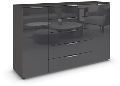 Rauch Möbel Flipp, Kommode, Farbe Glas Basalt/Graphit, Breite 160 cm | Sideboard, 2-türig, 5 Schubladen, Glasfront, Soft-Close-Funktion, für Schlafzimmer, Gästezimmer, Wohnzimmer, Garderobe, Flur